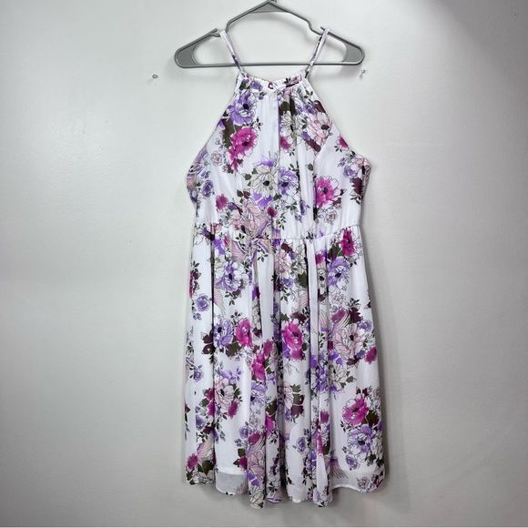 Torrid‎ Pink Purple Floral Chiffon Halter Neck Cutouts Sleeveless Mini Dress 1X - Picture 6 of 13